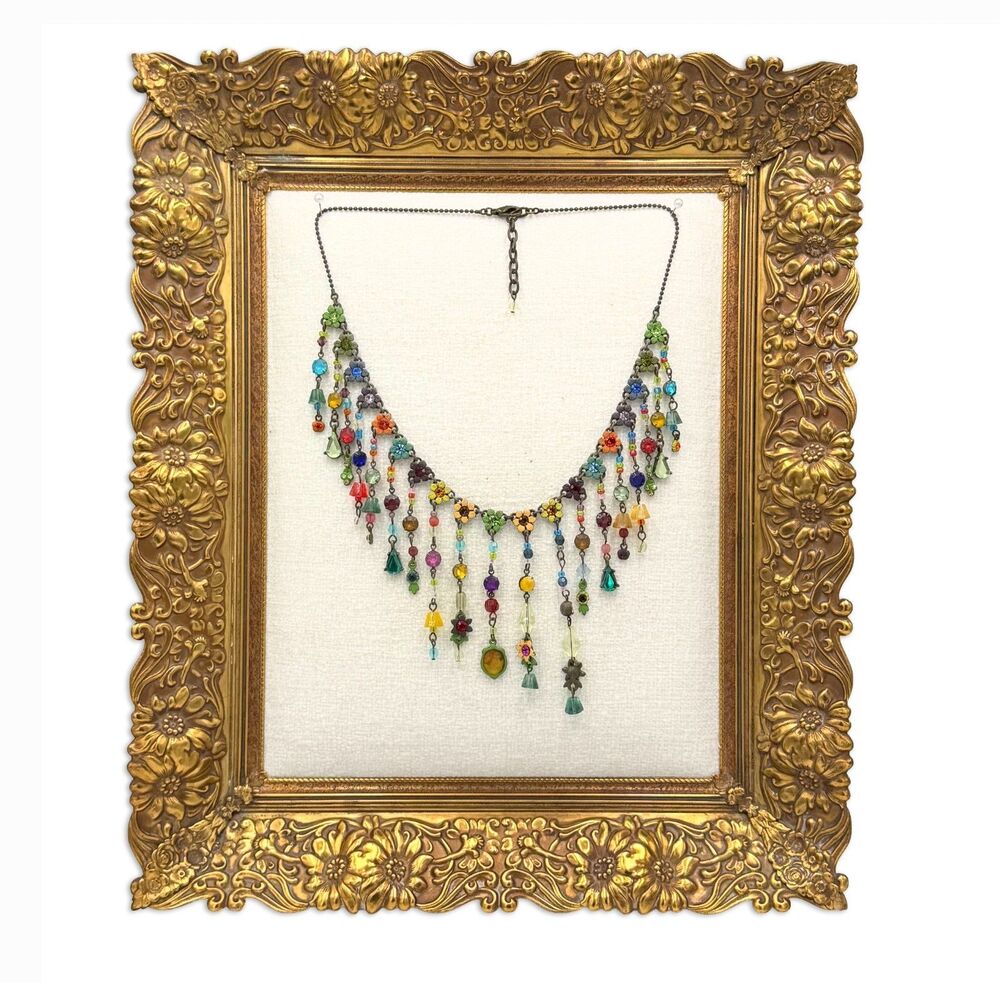 Michal Negrin Beaded Floral Necklace Colorful Crystal Dangle Bib Y2K